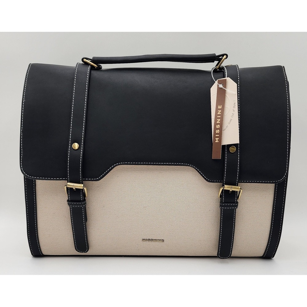 Missnine Laptop Briefcase Women Large Black Beige NEW Canvas Faux Leather Bag